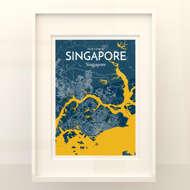Carte de la ville de Singapour, impression, Bleu / jaune, H 24 po x l 18 po