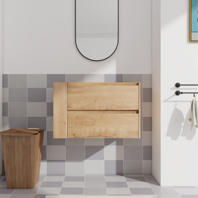 Armoire de salle de bain murale - lavabo en céramique, 2 tiroirs à fermeture en douceur, meuble-lavabo contemporain au fini imitation élégant