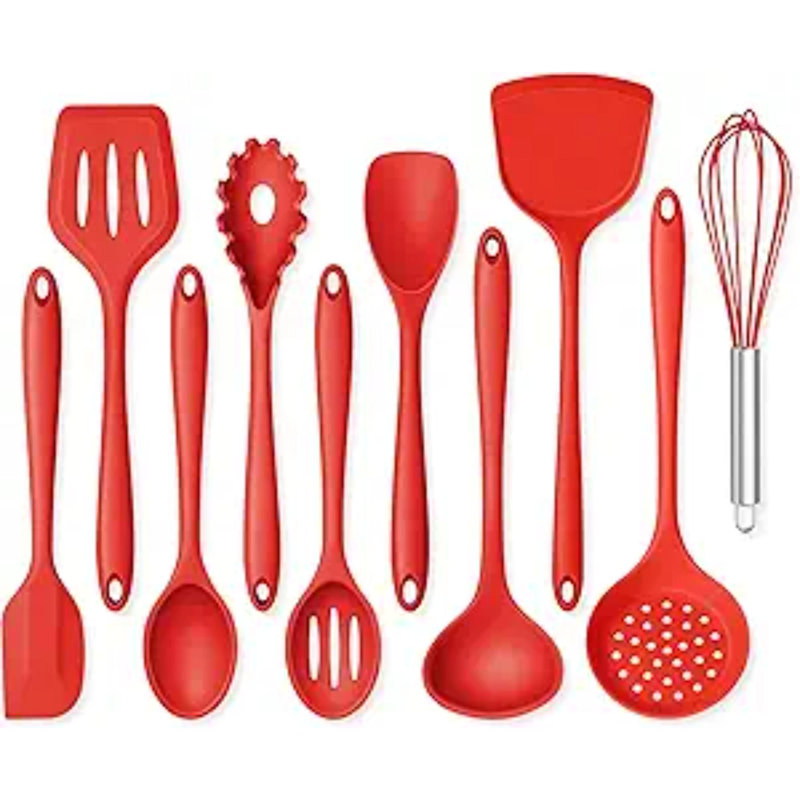 Ensemble 10 pièces d'ustensiles de cuisine en silicone pour la cuisson - non toxique et résistant à la chaleur, Pomme rouge