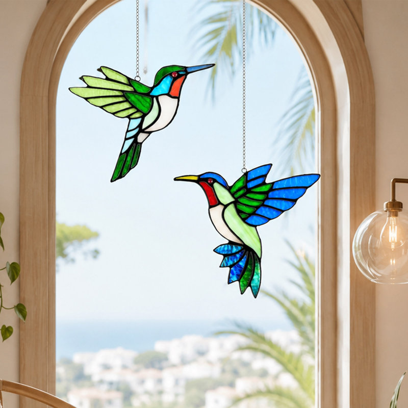 Ensemble de 2 panneaux de vitrail en cuivre teinté colibri, vitrail