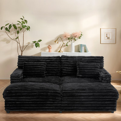 83.5" Plush Sofa Bed Chaise Lounge With Faux Rabbit Fur, USB Charging Ports, Cup Holders & Lumbar Pillows - Cozy Sleeper Couch