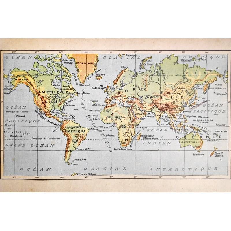 Carte du monde du 19e siècle - impression sur toile tendue, H 8 po x l 12 po