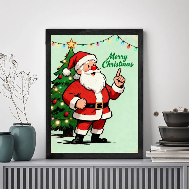 «Merry Christmas» rétro encadré noir, dessin de père Noël, art mural de style rétro, H 25 po x l 17 po