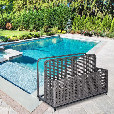 Rolling PE Poolside Storage Basket with Side Shelves, Mobile Outdoor Organizer for Pool Floats Toys Towels on Deck Patio Garden