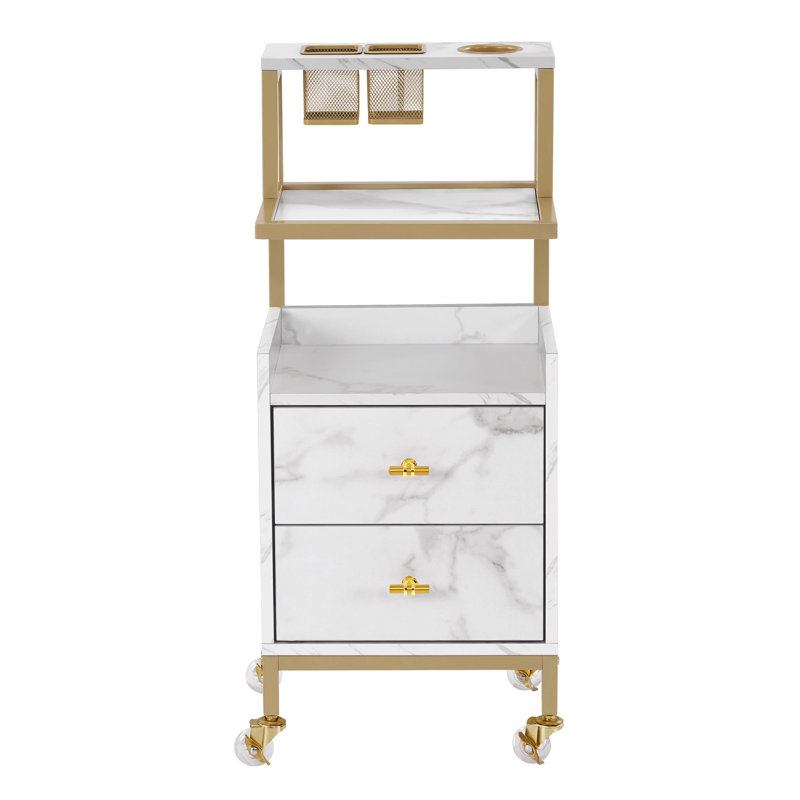 Chariot utilitaire avec tiroirs de rangement, chariot avec porte-outils en métal et panier, Blanc