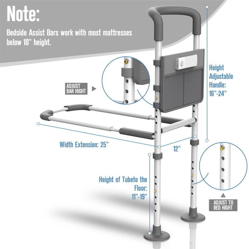 Adjustable Bedside Safety Rail with Motion Light and Storage Pouch