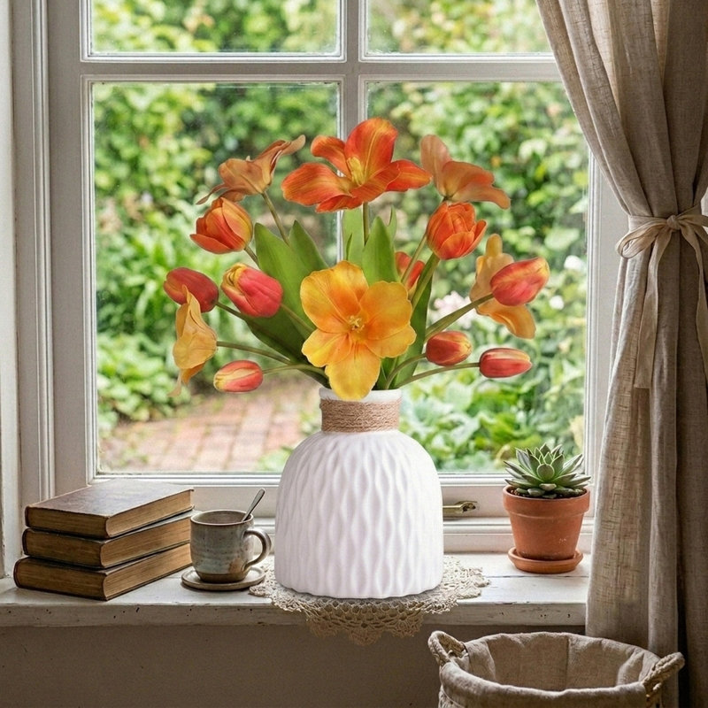 Ensemble de tulipes artificielles Real-Touch dans des vases en céramique, ensemble de faux arrangements floraux, Orange