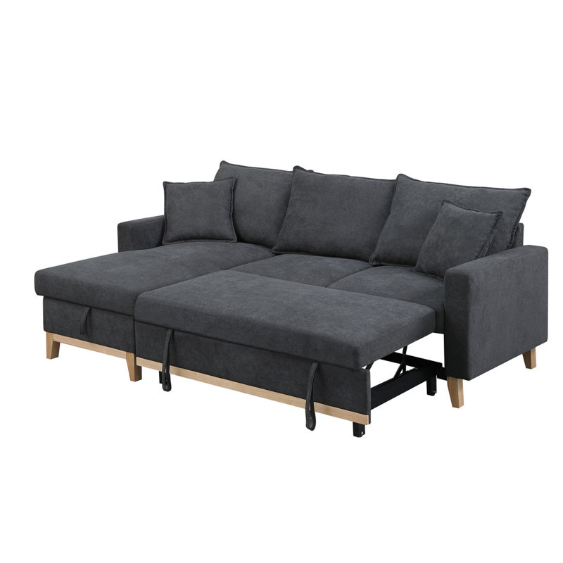 Woven Reversible Sleeper Sectional Sofa With Storage Chaise, Dark Gray Linen Blend