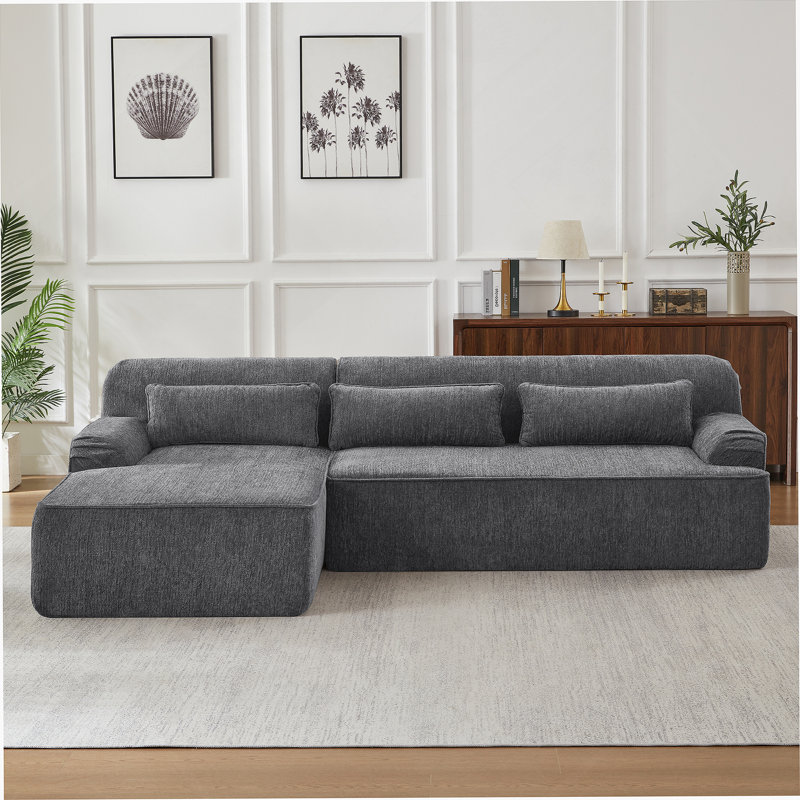 Boneless L-Shape Sectional Sofa, Mnimalist Design Couch For Living Room, Apartment, Face à la droite, Gris