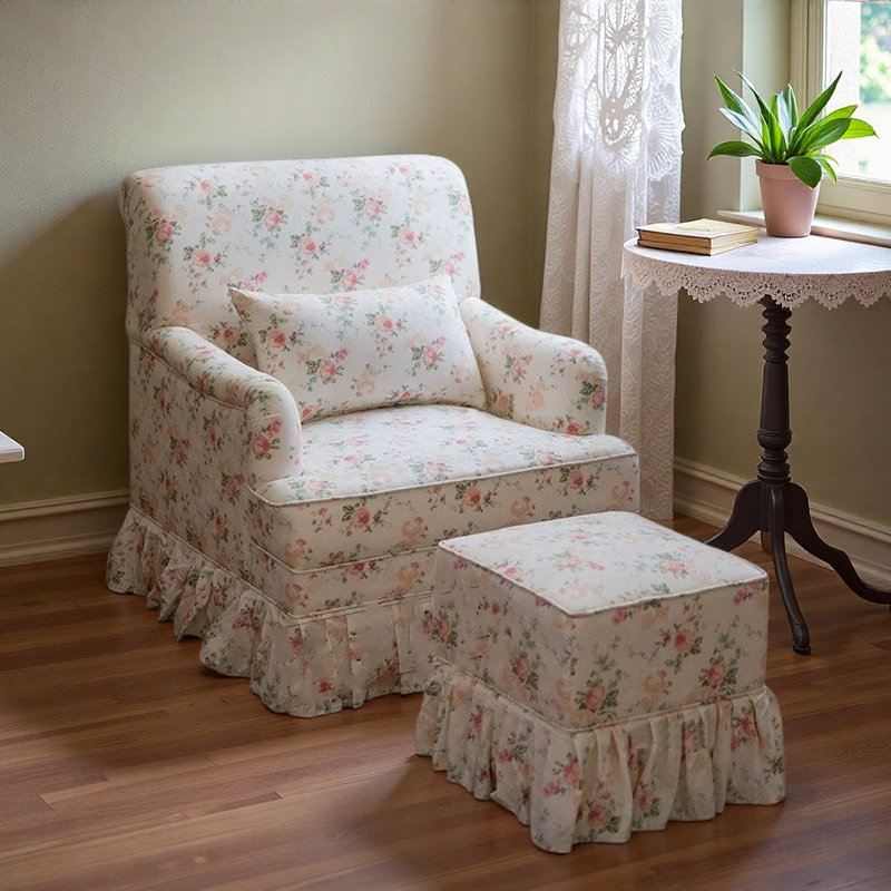Rustic Floral Fabric Single Armchair with Footstool