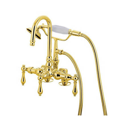 Robinet de baignoire à fixation sur plateau à poignée triple avec douche à main à pattes Vintage, Laiton poli