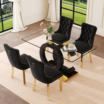 Tempered Glass Dining Room Table With Chairs, Velvet Upholstered Seating, Modern Dining Table Set
