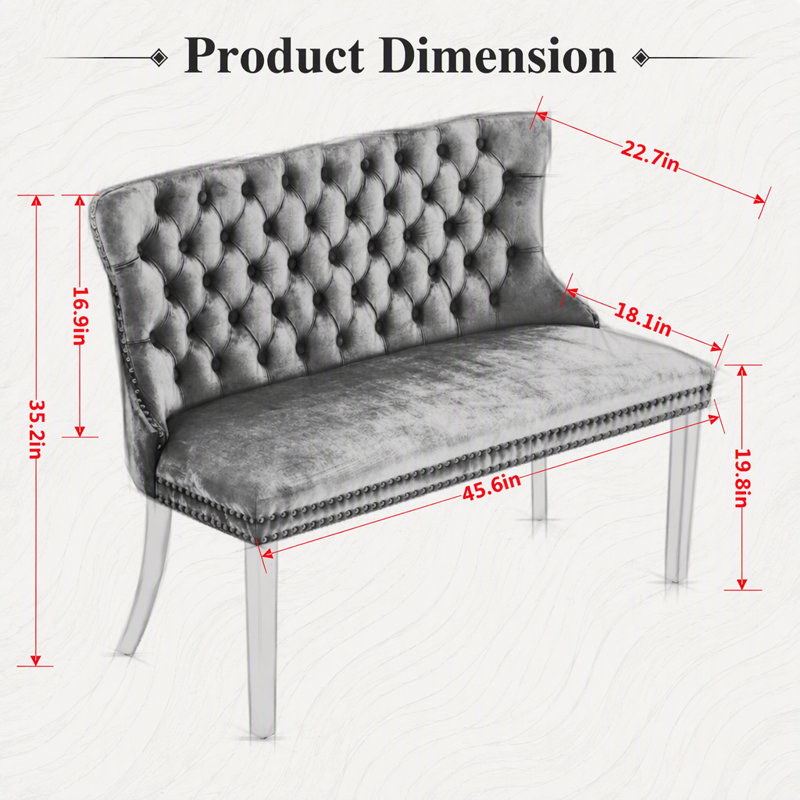 Banc en velours pour causeuse double pour la salle à manger, sièges de cuisine et de salle à manger, banc capitonné à 2 places avec boutons faits à la main, dossier à oreilles, pieds en acier inoxydable argenté brossé, style Mid-Century, paquet simple, gris