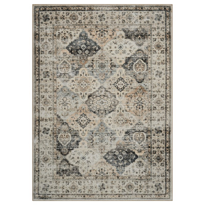 Area Rug 5x7 Washable Rug, Non-Slip Vintage Distressed Rug for Living Room, Low Pile Oriental Traditional Floral Print Floor Carpet, Indoor Soft Accent Rug for Bedroom Office, Beige