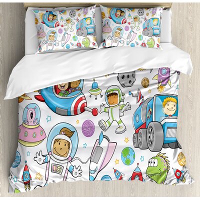 Outer Space Cute Deep Space Astronaut Aliens Rockets on Moon Kids Nursery Theme Duvet Cover Set -  Ambesonne, nev_19579_queen