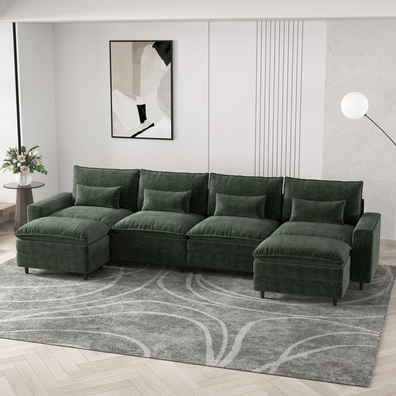 Canapé en chenille 4 places avec 2 repose-pieds et coussins lombaires en chenille - Flexibles, confort familial, Vert