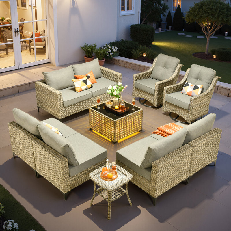 Emroy 8 - Person Wicker/Rattan Sectional Seating Group with Lighted Coffee Table and Swivel Chairs, All Weather Modular Outdoor Conversation Set with Cushions