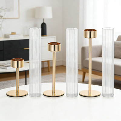Elegant Gold Candlestick Holders Set Of 3 With Ribbed Glass Sleeves - Hurricane Candle Holders For Centerpiece, Table, Fireplace, And Living Room Decor