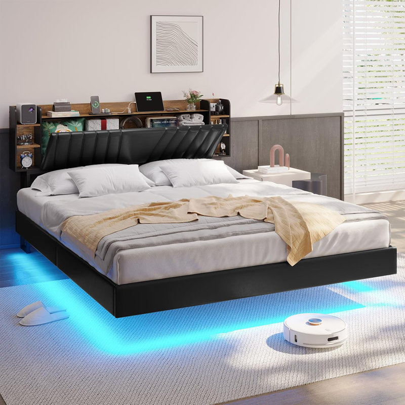California King Floating Led Bed Frame With Hidden Storage Headboard And Charging Station Cal King Size Visual Floating Platform Bed With Led Lights,no Box Spring Needed,black+rustic
