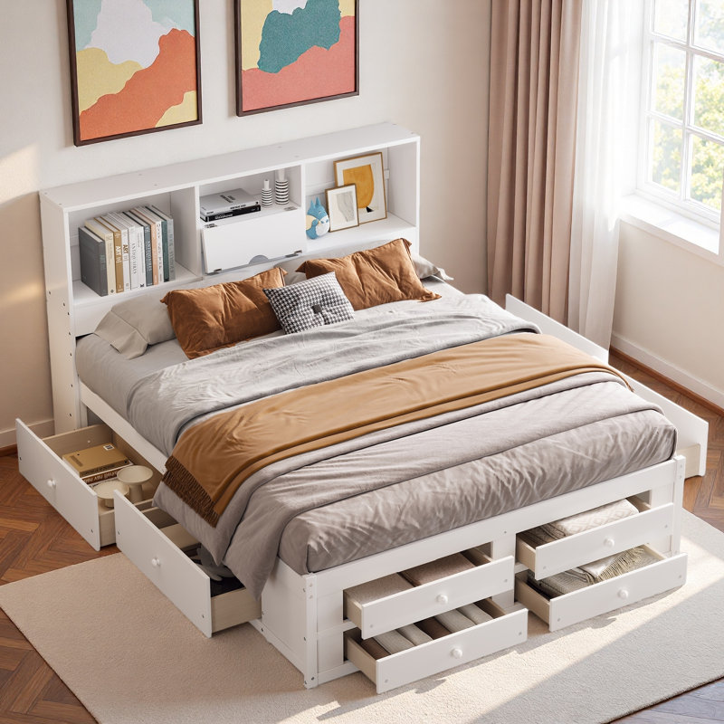 Platform Bed With Storage Headboard And 8 Drawers, King, White