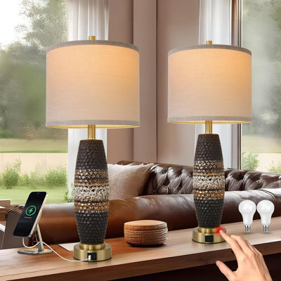 Ensemble de 2 lampes de chevet à intensité variable avec abat-jour en tissu Farmhouse, port USB Type-C, commande tactile à 3 voies pour la chambre à coucher, le salon, le bureau, glacière à changement de four de 27 pouces de hauteur