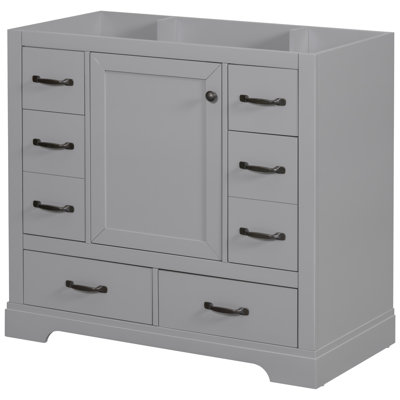 36" Bathroom Cabinet Base, Grey, 6 Drawers, Adjustable Shelf, Solid & Wood Vanity, Grey Finish,