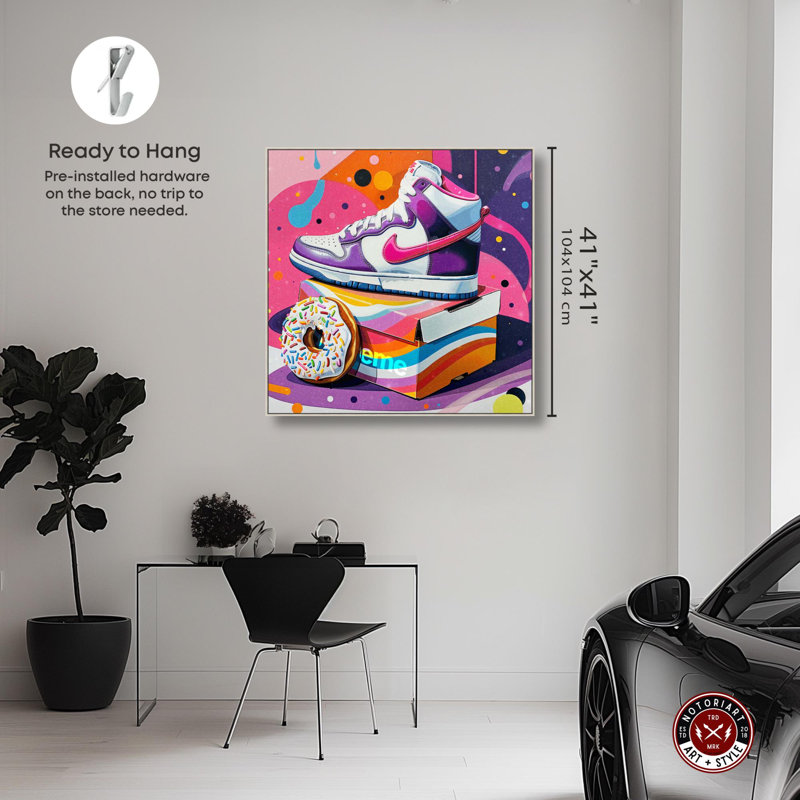 Impression d'art urbain sur toile colorée Sneaker Sneaker par Notoriart, H 41 po x l 41 po, Cadre argenté