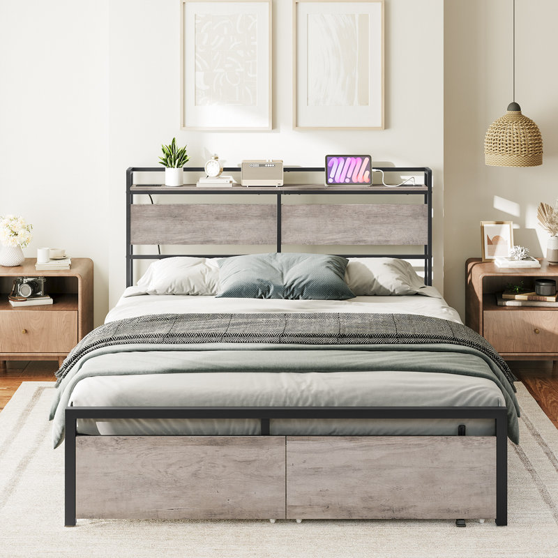 Morano 39.9"H Metal Headboard with Charging Station, Queen, Brown/Black