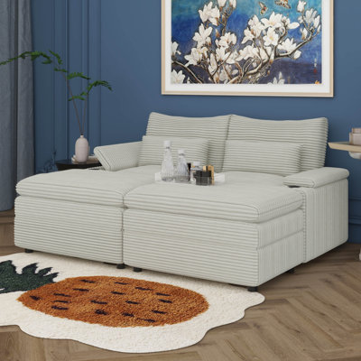 Chaise longue double 70,9 po, causeuse surdimensionnée avec repose-pieds, canapé modulaire en velours côtelé avec quatre chargeurs USB et deux porte-gobelets