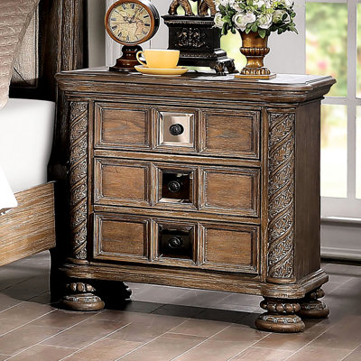 Table de chevet de chambre à coucher en bois massif, ton naturel rustique avec 3 tiroirs et bronze transitionnel rond, tiroirs, bois