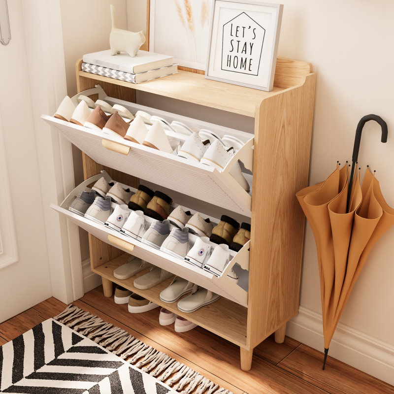 Nordic - Inspired 31.5 Inch Narrow Shoe Rack With 2 Flip Open Doors, Solid Wood Legs, For Small Hallways Storage Cabinet Drawers, Style, Ideal Entryways