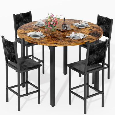 Ensemble de table de salle à manger 4 pièces à hauteur de bar ronde, plateau de table en faux marbre blanc avec structure en métal noir, 4 tabourets de bar recouverts de velours, ensemble de table bistro peu encombrant pour petit coin-repas