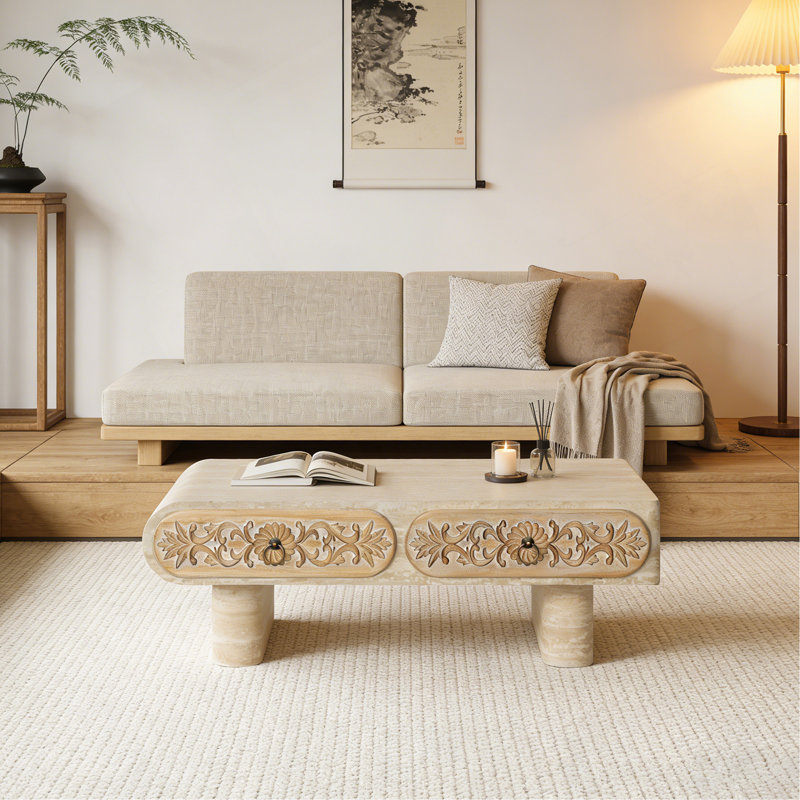 Table basse à bord arrondi avec tiroir en bois massif à motif floral, table basse de salon, bureau