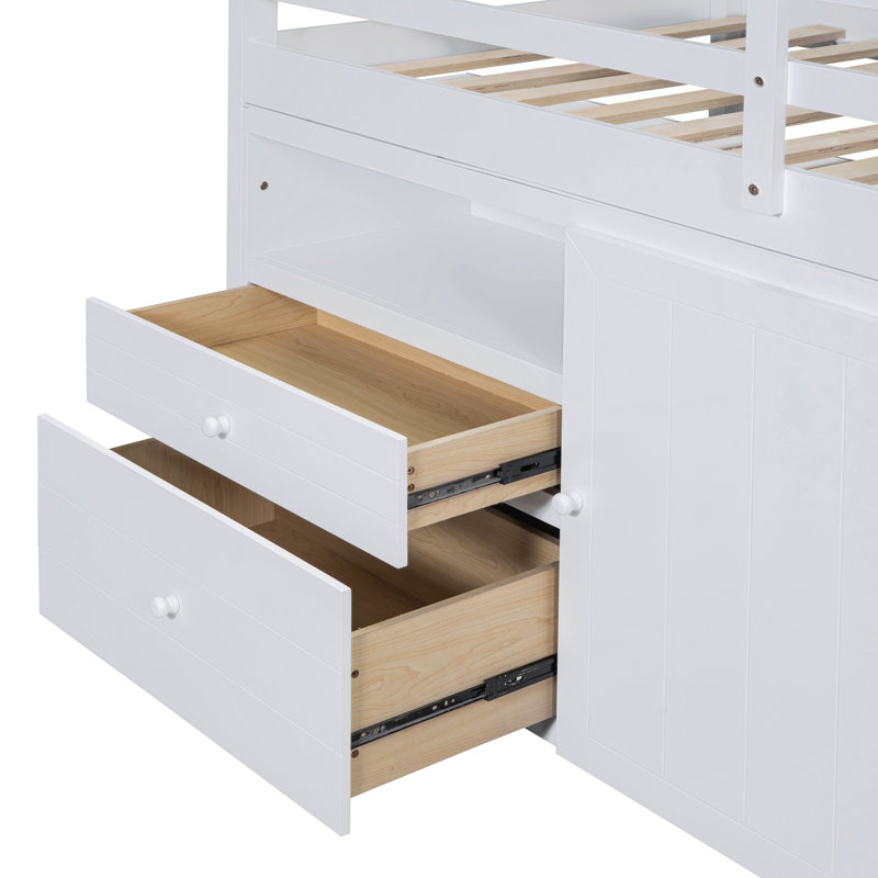 Lit mezzanine simple blanc avec 4 tiroirs, armoire et tablettes, Blanc