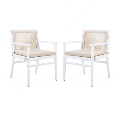 Outdoor Dining Chairs Set of 2, Acacia Wood Armchair With Rope Design Back and Water Repellent Cushion, White Frame, 400lbs Weight Capacity