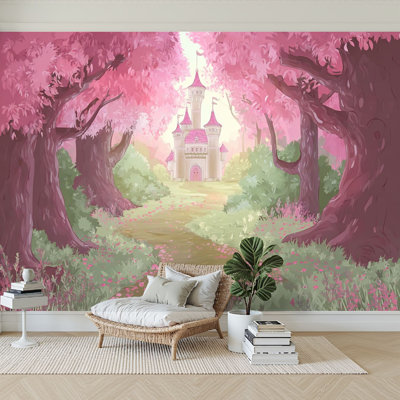 Peel and Stick Wallpaper 96" W x 69" H Modern Self Adhesive Wall Mural for Bedroom Fantasy landscape magic fairy tale princess castle girly painting