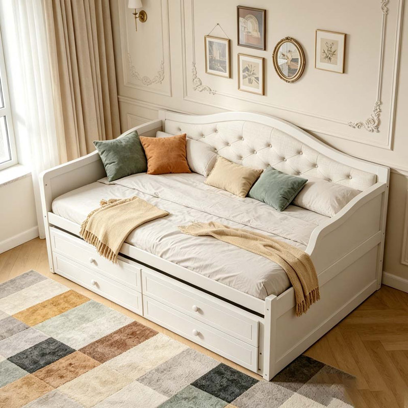 Lit de jour avec couchette, lit de jour simple avec 2 tiroirs de rangement, canapé-lit en bois avec dossier capitonné à boutons
