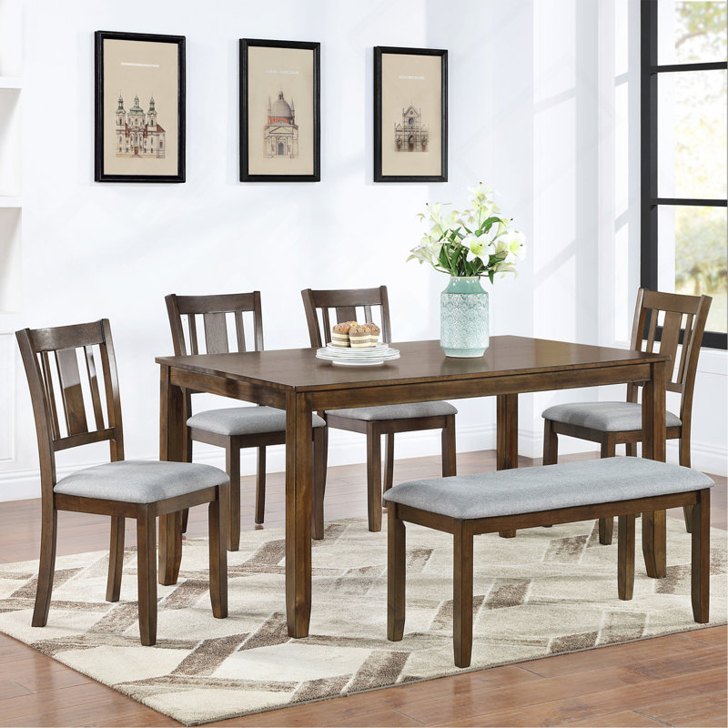 Ensemble de salle à manger de cuisine 6 pièces, table de salle à manger rectangulaire en bois avec 4 chaises rembourrées et un banc, ensemble de table de salle à manger pour 6 personnes, salon, bar et cuisine, noyer