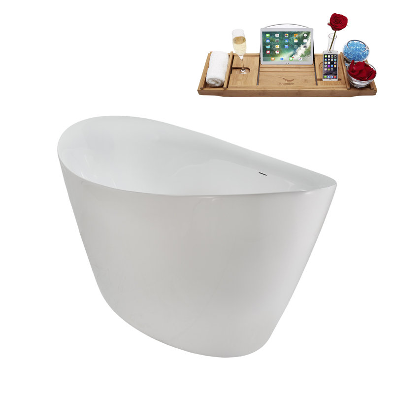 71" Streamline Soaking Glossy White Freestanding Tub and Tray With Internal Drain, Glossy White