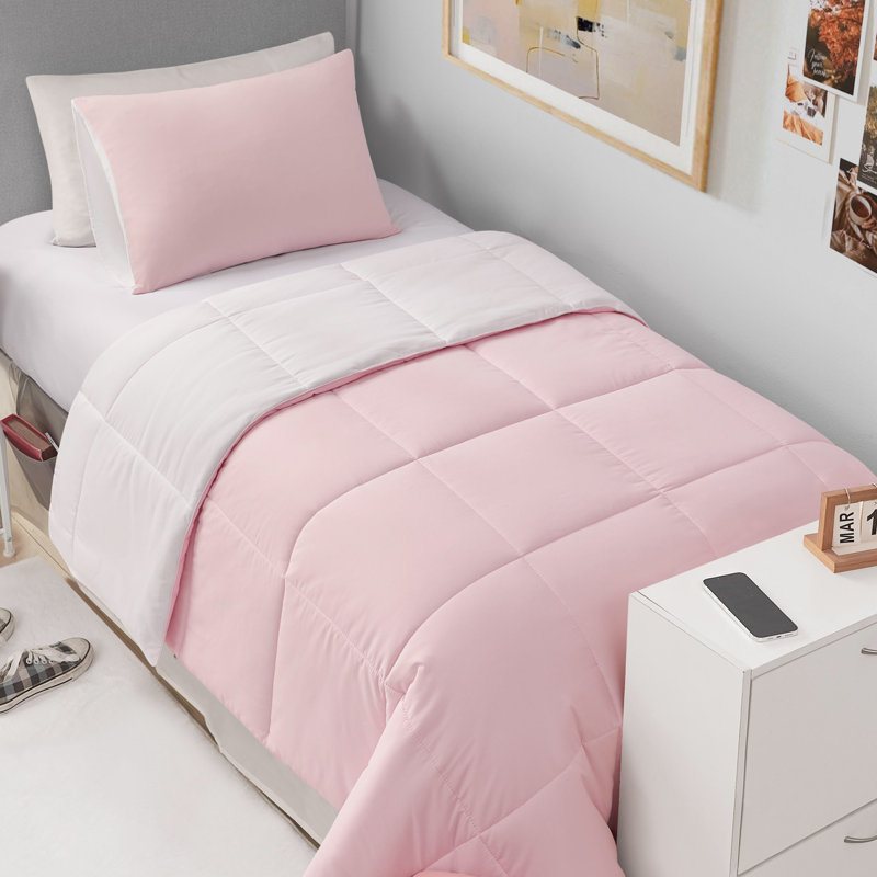 The Sheet Lab Box Stitch Reversible Comforter Sets, Queen Comforter + 2 Standard Shams, Light Pink/White