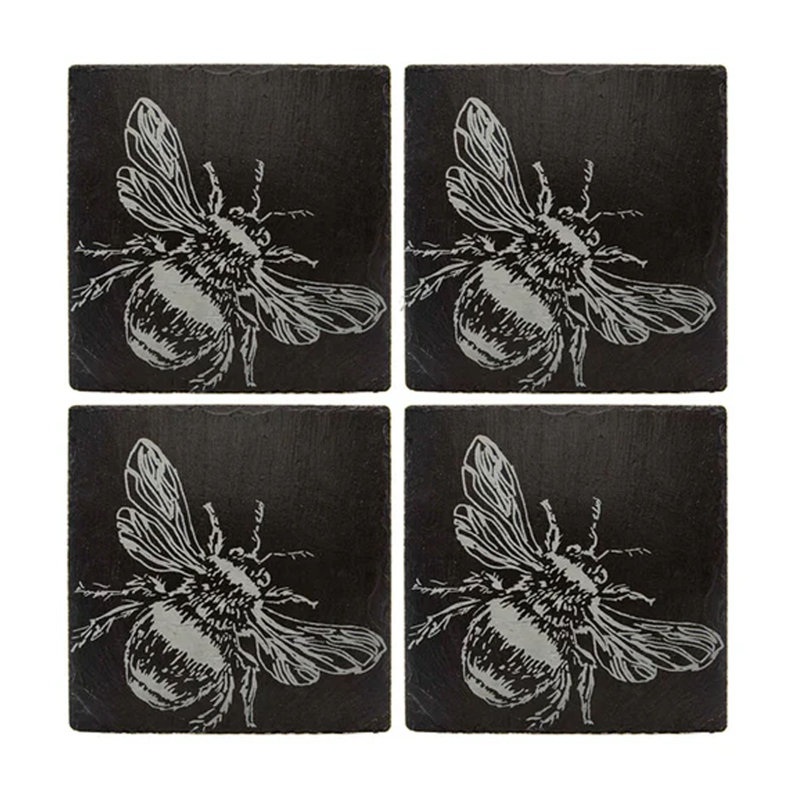 4 Square Slate Coasters with Bee Design