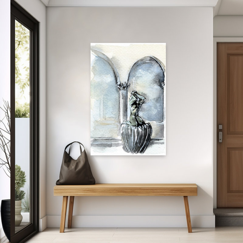 Classical Fountain Figure Elegant Serene Traditional Architecture Wall Art Print by Helena Engstrom - Wrapped Canvas Print