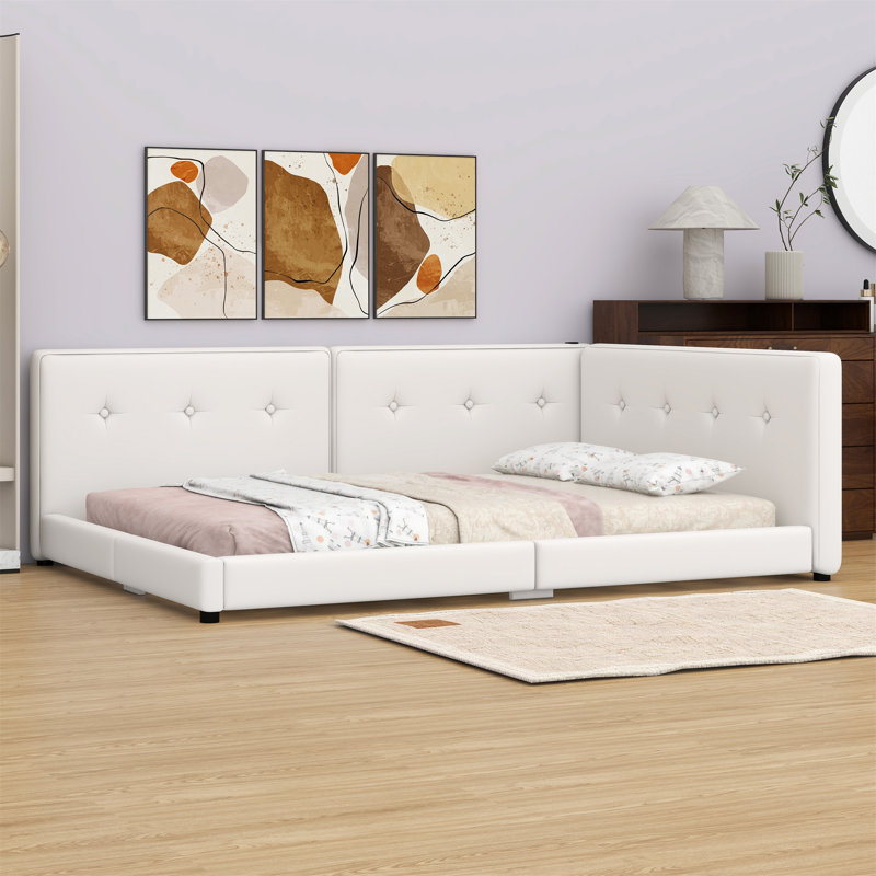 Lit plateforme tapissier avec ports USB, Beige