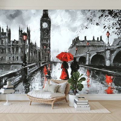Peel and Stick Wallpaper 96" W x 69" H Modern Self Adhesive Wall Mural for Bedroom oil street view london Artwork Black white red