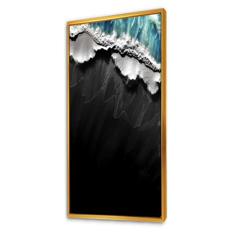 Islande, sable noir, plage, merveilles I - plage, art mural, Cadre flottant doré, H 60 po x l 28 po x P 1,5 po