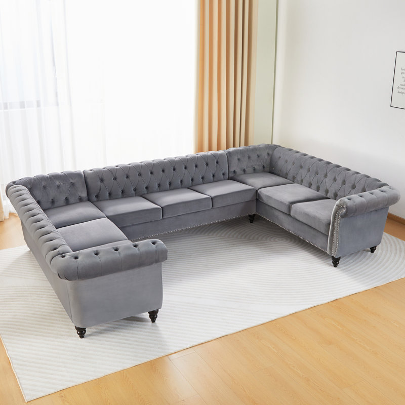 Karriann Velvet U-Shaped Sectional Symmetrical, Gray Velvet