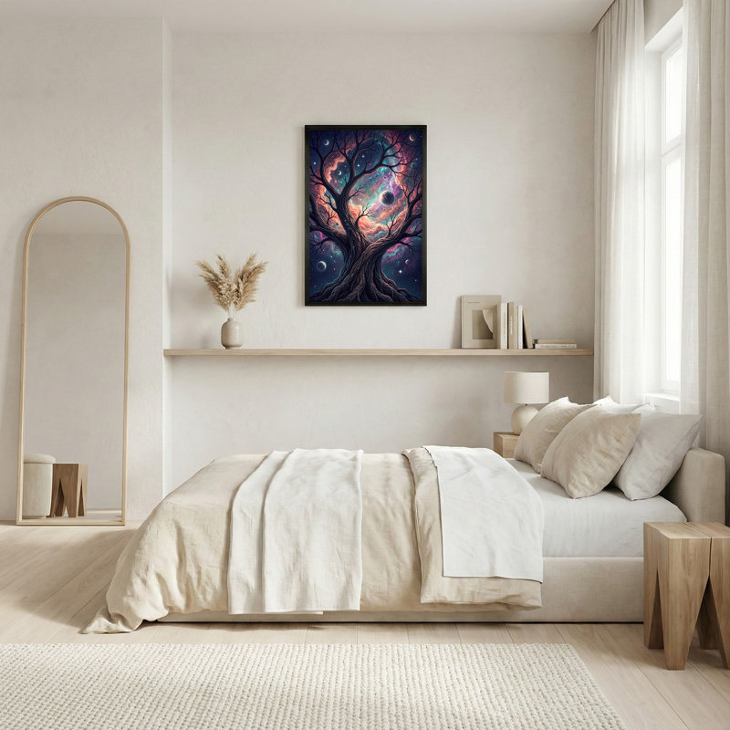 Toile torsadée en nébuleuse rose et bleu sarcelle avec planètes, H 18 po x l 12 po