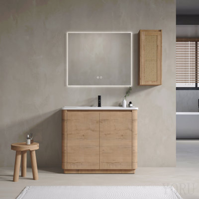 Meuble-lavabo autoportant de 101,6 cm (40 po) avec lavabo en céramique, 2 portes à fermeture amortie et armoire latérale, emballage démonté, contreplaqué