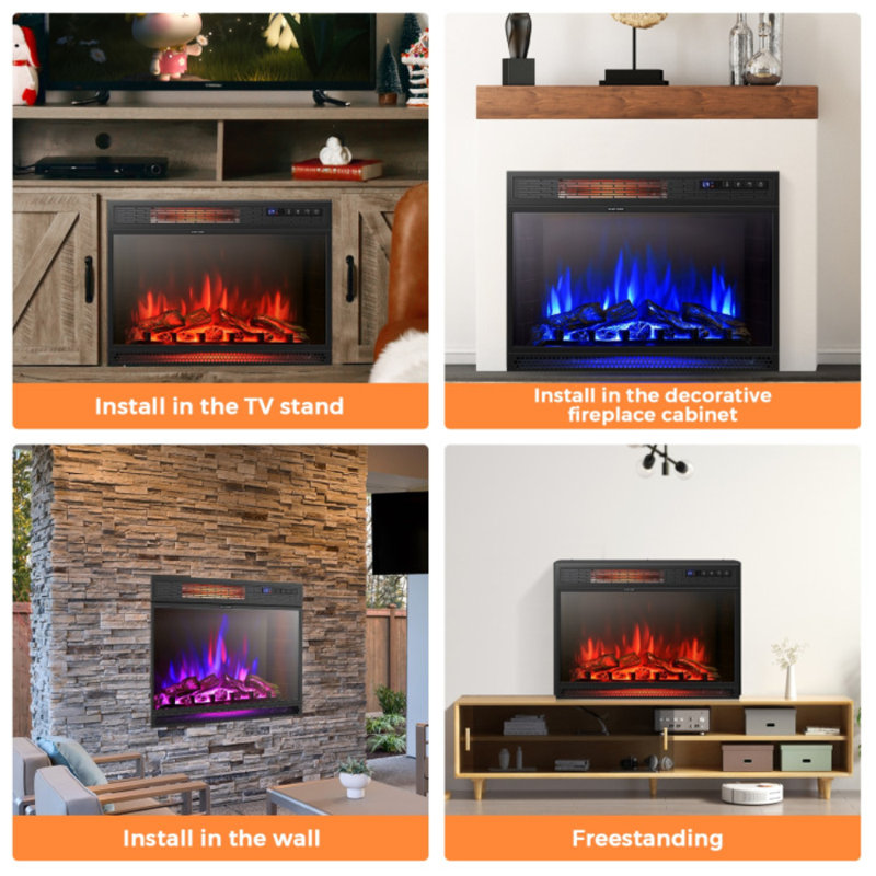 Foyer électrique encastrable 25 po avec 3 couleurs de flamme, 4 niveaux de luminosité, minuterie, autoportant et encastré