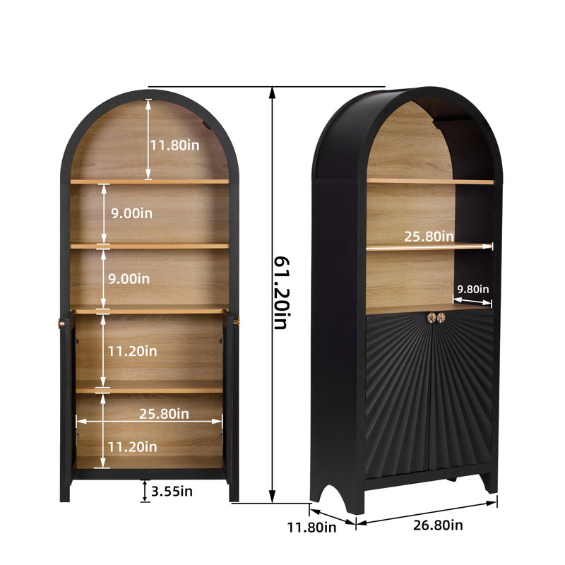 61" Tall Arched Cabinets,Bookcase With Storage, 5-Tier Bookshelf With Open And Closed Shelving